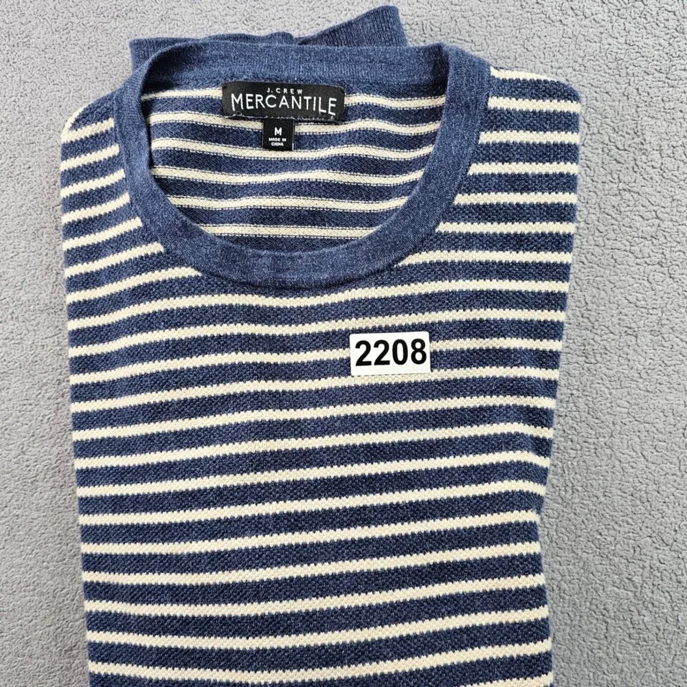 J.Crew Mercantile Sweater Men Medium Blue Beige Striped Warm Cozy Comfy Crewneck